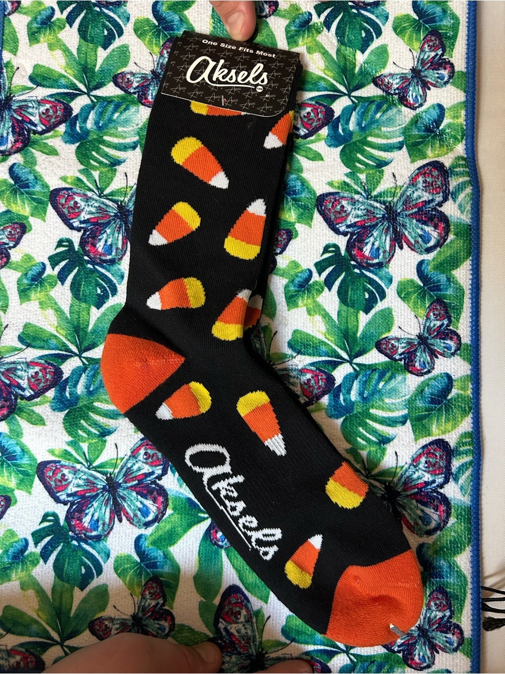Aksels Black Candy Corn Crew Socks with Orange Accents